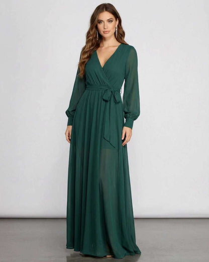 Elara Maxi Dress in emerald chiffon, long sleeve, wrap-front design, elegant and fluid for formal occasions by Lauven.
