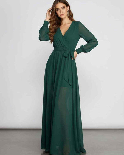 Elara Maxi Dress in emerald chiffon with long sleeves, V-neckline, and elegant A-line silhouette by Lauven.