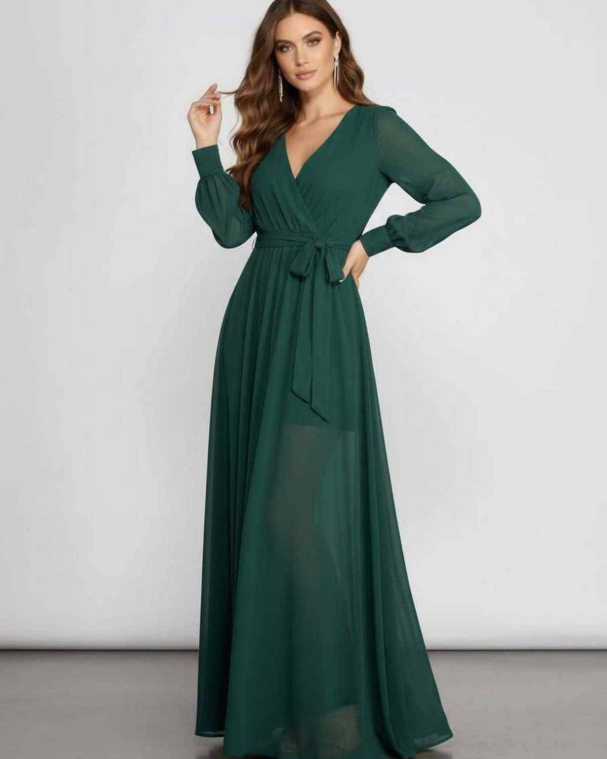 Elara Maxi Dress in emerald chiffon, featuring long sleeves, wrap-front V-neckline, and A-line silhouette by Lauven.