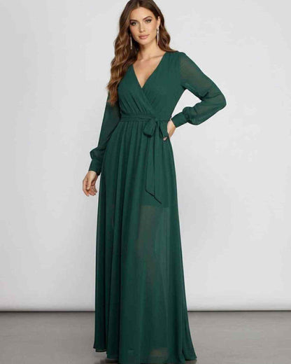 Elara Maxi Dress in emerald chiffon, featuring long sleeves, V-neckline, and elegant A-line silhouette by Lauven.
