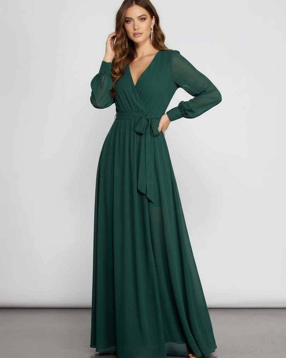 Elara Maxi Dress in emerald chiffon, long sleeve, elegant wrap-front design by Lauven, perfect for formal occasions.