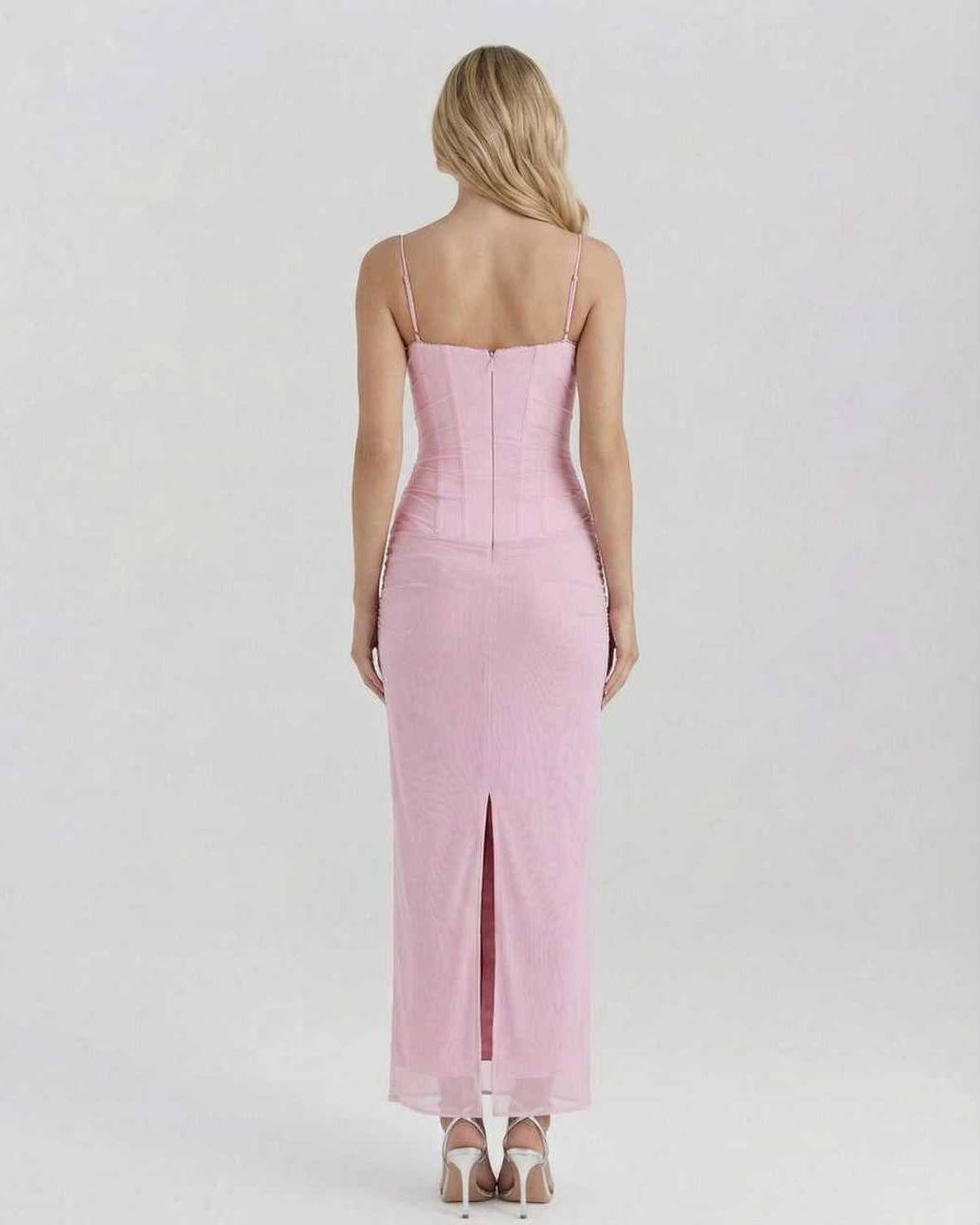 Elara Maxi Dress back view in pink mesh with lace, slim fit, by Lauven, showcasing elegance and sophistication.
