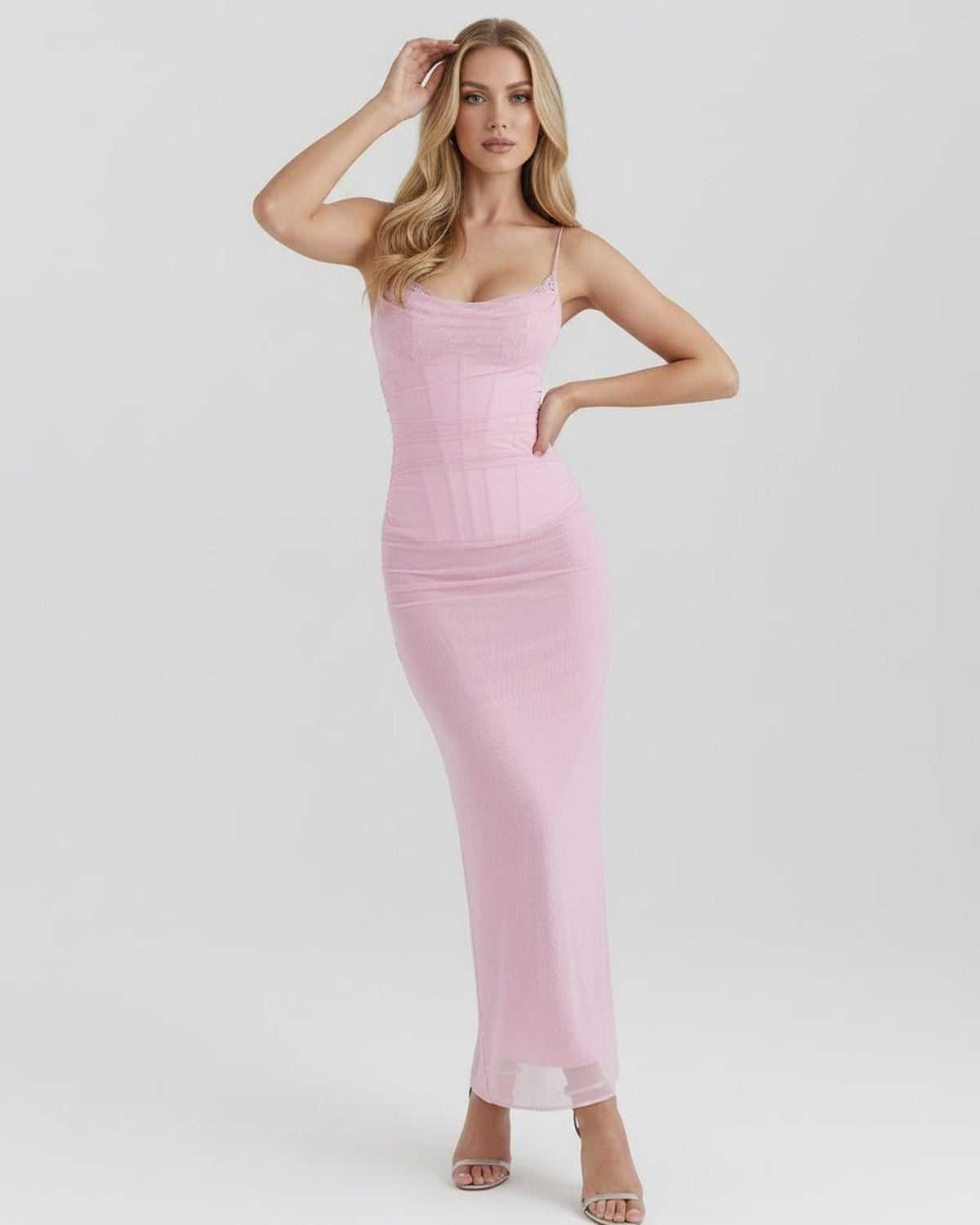 Elara Maxi Dress - Pink mesh bodycon dress with lace detail, slim fit silhouette, by Lauven.