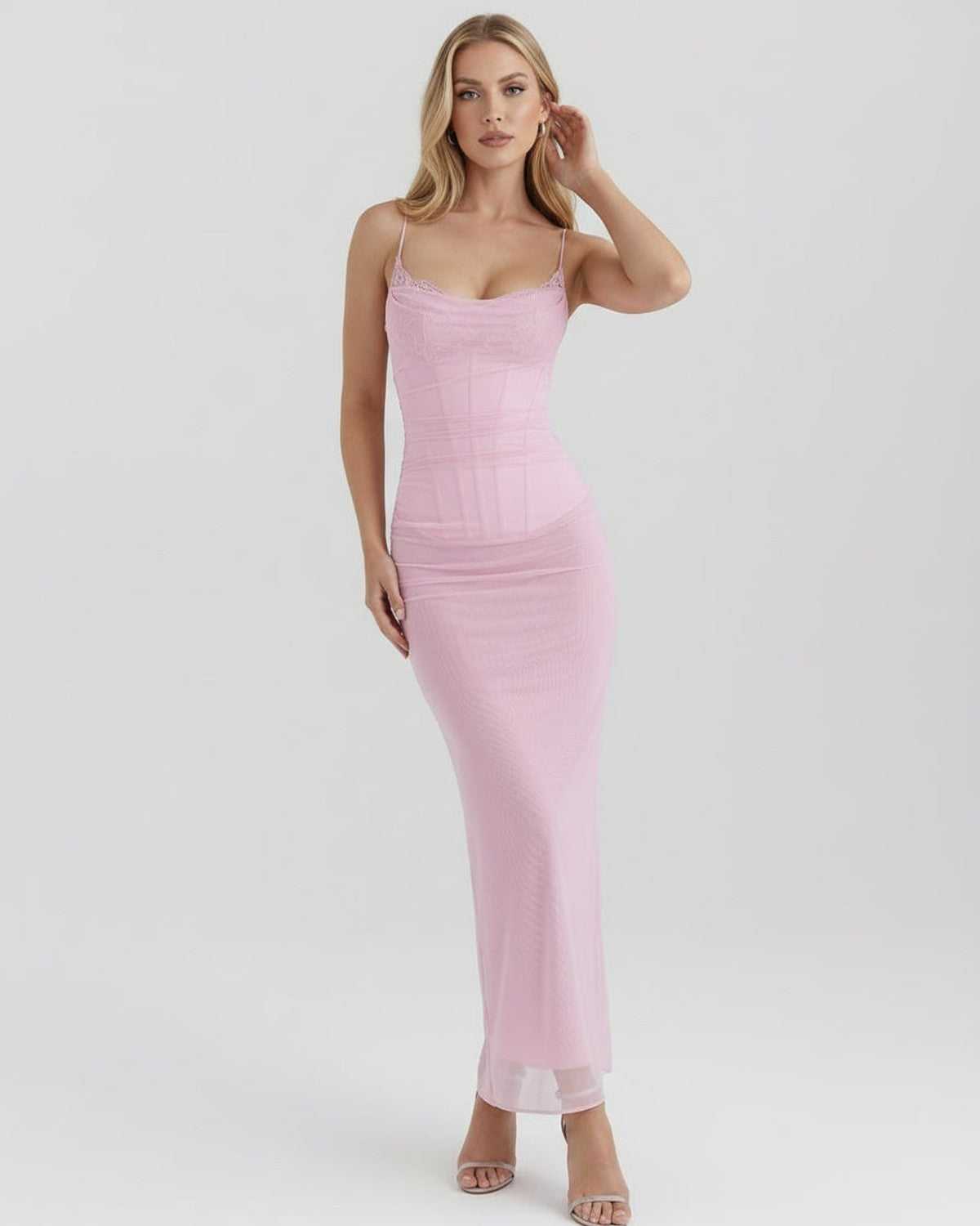 Elara Maxi Dress - Pink Mesh Dress with Lace Details, Slim Fit by Lauven, elegant and feminine silhouette.