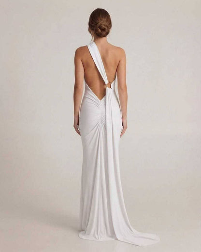 Elara Maxi Dress – Back view showing halter neck, open back, elongated sash detail by Lauven in white.