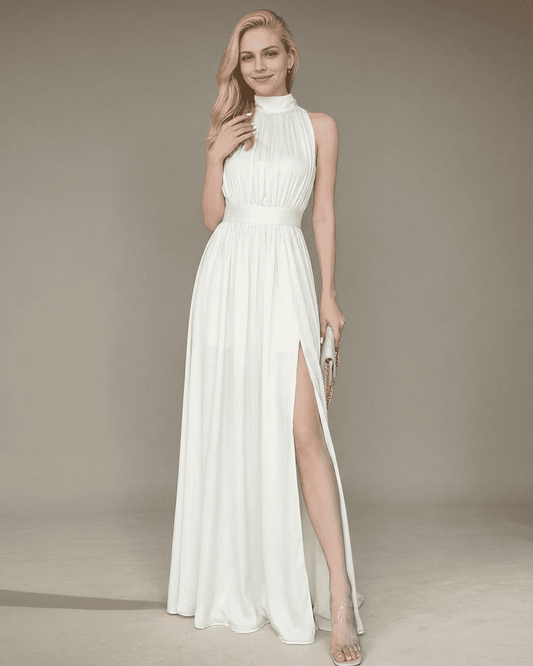 Elara Maxi Dress by Lauven - Elegant sleeveless white maxi dress with turtleneck and side slit.