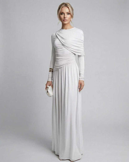 Elara Maxi Dress by Lauven, elegant white long sleeve maxi dress with a fluid silhouette and soft draped design.