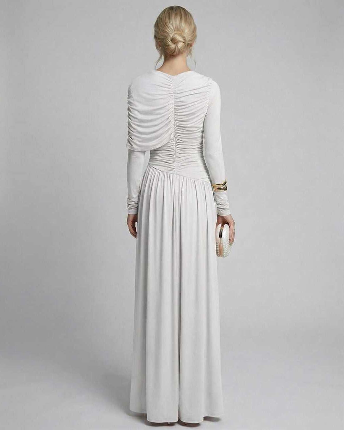 Elara Maxi Dress back view, featuring soft draped fabric, long sleeves, and a high waist design by Lauven.