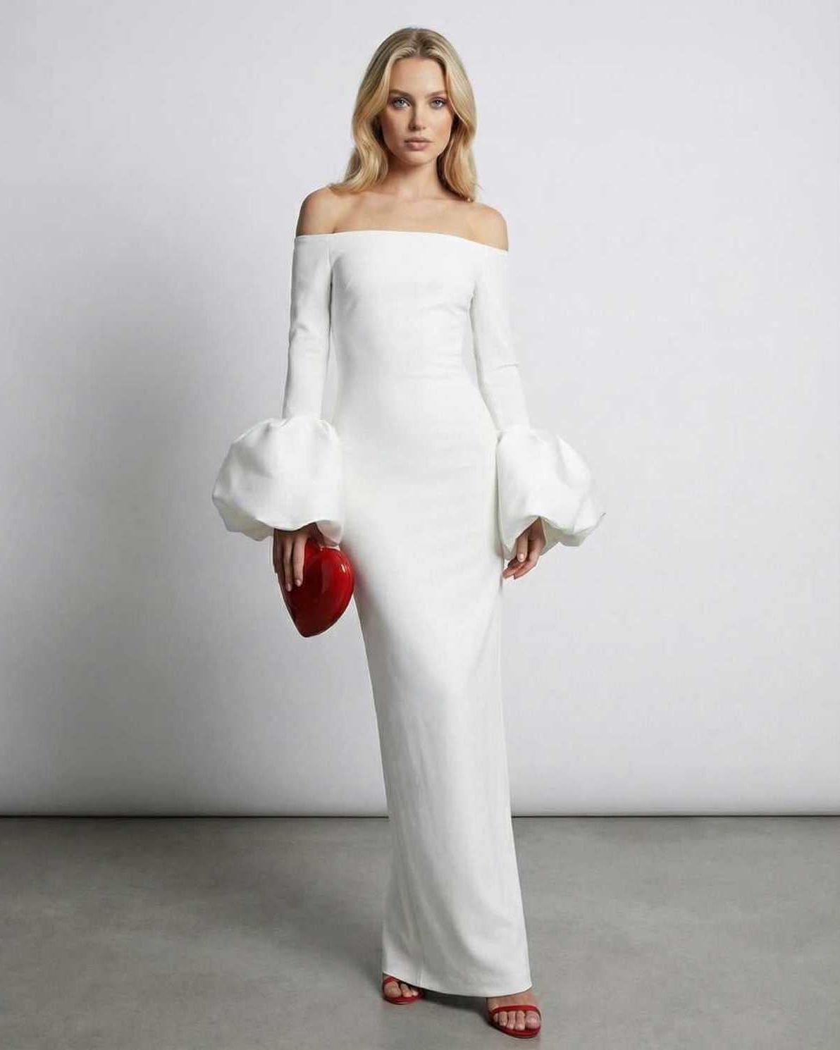 Elara Maxi Dress | Elegant off the shoulder white dress with bell sleeves by Lauven