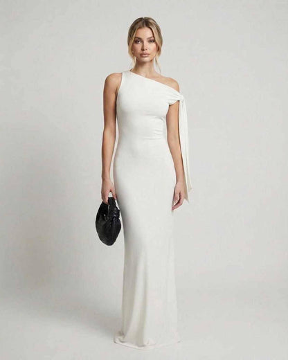 Elara Maxi Dress – Elegant white one shoulder design, sleek silhouette, by Lauven, perfect for formal occasions.