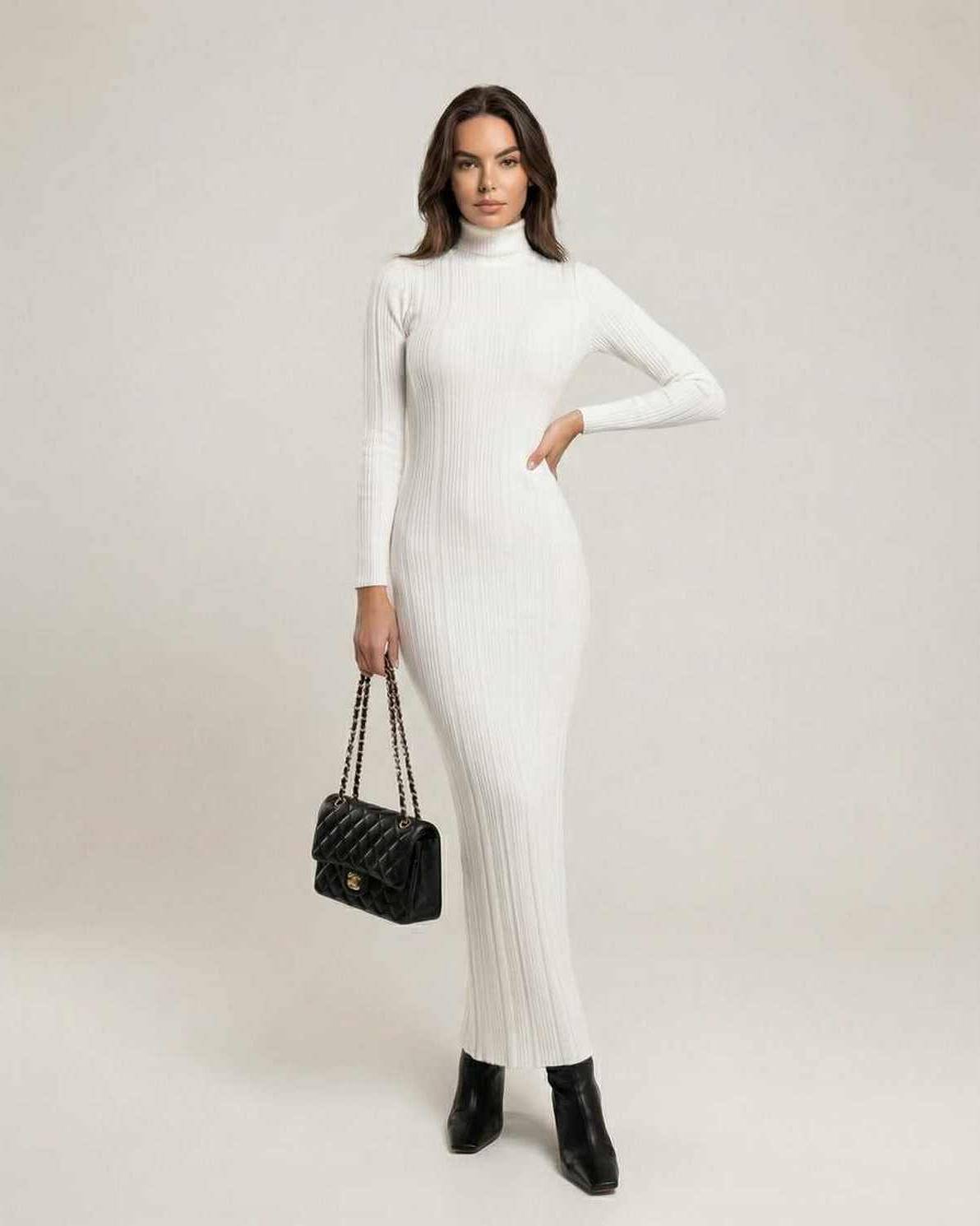 Elara Maxi Dress — White ribbed knit maxi dress with turtleneck by Lauven, embodying modern elegance and minimalism.