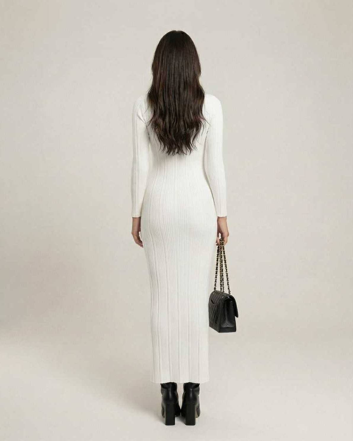 Elara Maxi Dress - White ribbed knit, turtleneck, sleek silhouette, modern style by Lauven.