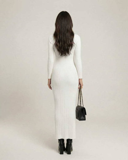 Elara Maxi Dress - White ribbed knit, turtleneck, sleek silhouette, modern style by Lauven.