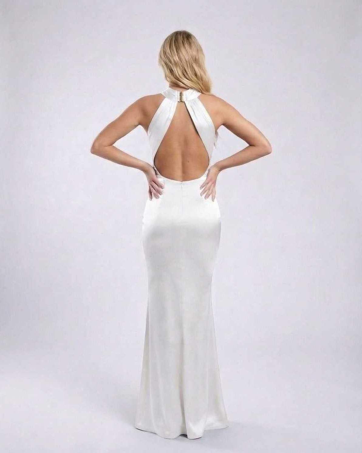 Elara Maxi Dress - elegant white satin halter neck with open back by Lauven, perfect for formal occasions.