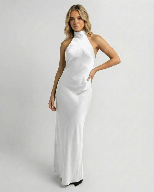 Elara Maxi Dress by Lauven - Elegant white satin halter maxi dress with sleek sheath silhouette.