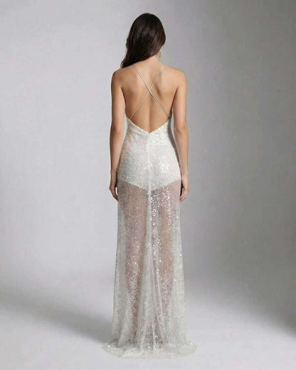 Elara Maxi Dress - White sequin maxi dress with strappy back and sheer overlay for a luminous look by Lauven.
