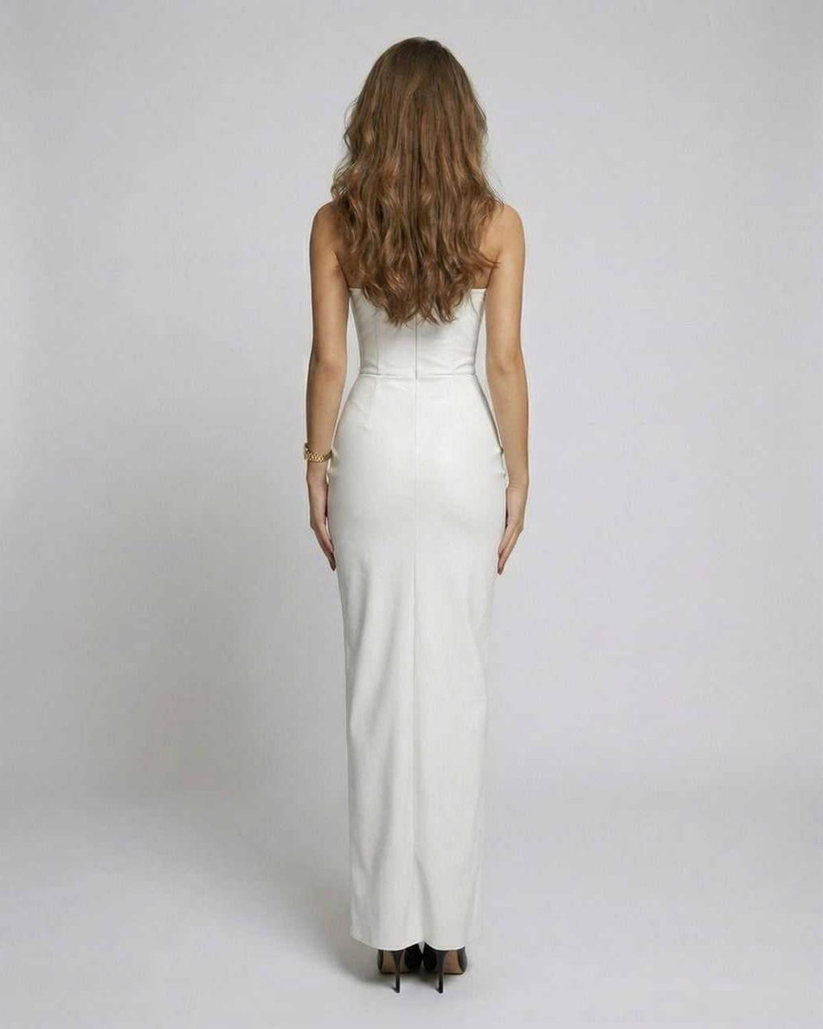 Elara Maxi Dress - Back view of white strapless dress with sculpted satin finish by Lauven.