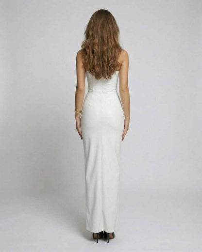 Elara Maxi Dress - Back view of white strapless dress with sculpted satin finish by Lauven.