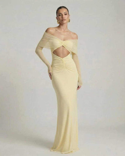 Elara Maxi Dress featuring yellow color, off-shoulder mesh sleeves, ruched cut-out design by Lauven.