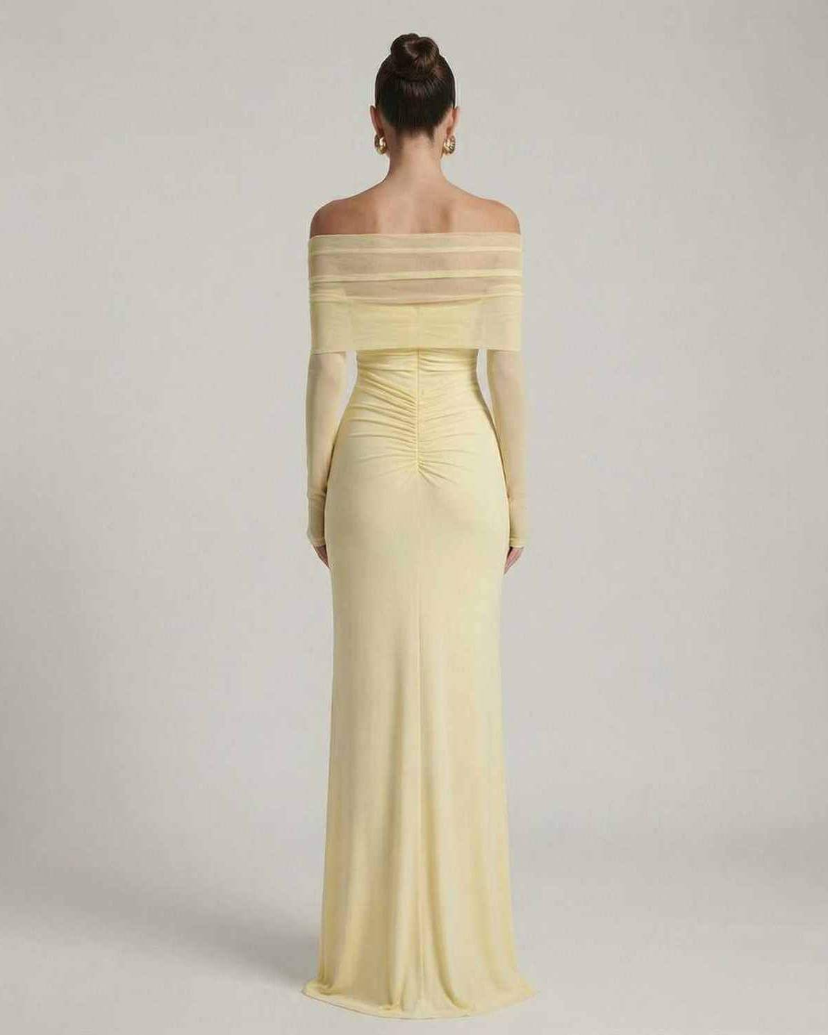 Elara Maxi Dress - Yellow with off-shoulder mesh sleeves, ruched detailing, and elegant silhouette by Lauven.
