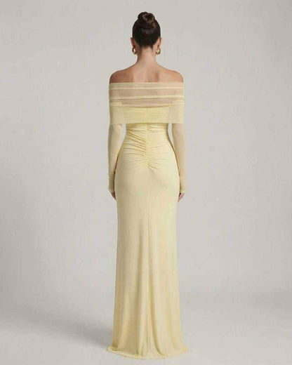 Elara Maxi Dress - Yellow with off-shoulder mesh sleeves, ruched detailing, and elegant silhouette by Lauven.