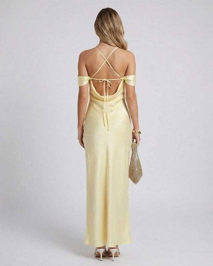Elara Maxi Dress back view showcasing off-the-shoulder design, satin finish and elegant silhouette by Lauven.