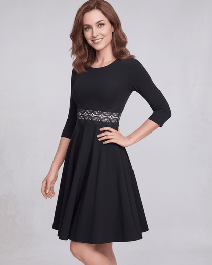 Elara Midi Dress - Black A-Line dress with lace waist detail, designed by Lauven for elegant, feminine style.