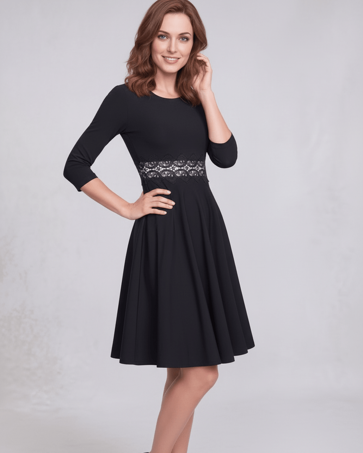 Elara Midi Dress - Black A-Line midi dress with lace waist, embodies elegance and femininity by Lauven