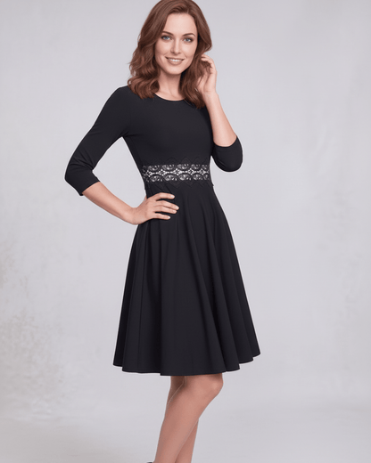 Elara Midi Dress - Black A-Line midi dress with lace waist, embodies elegance and femininity by Lauven