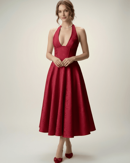 Elara Midi Dress - elegant midi dress with halter neckline, sculpted bodice, and voluminous A-line skirt by Lauven.