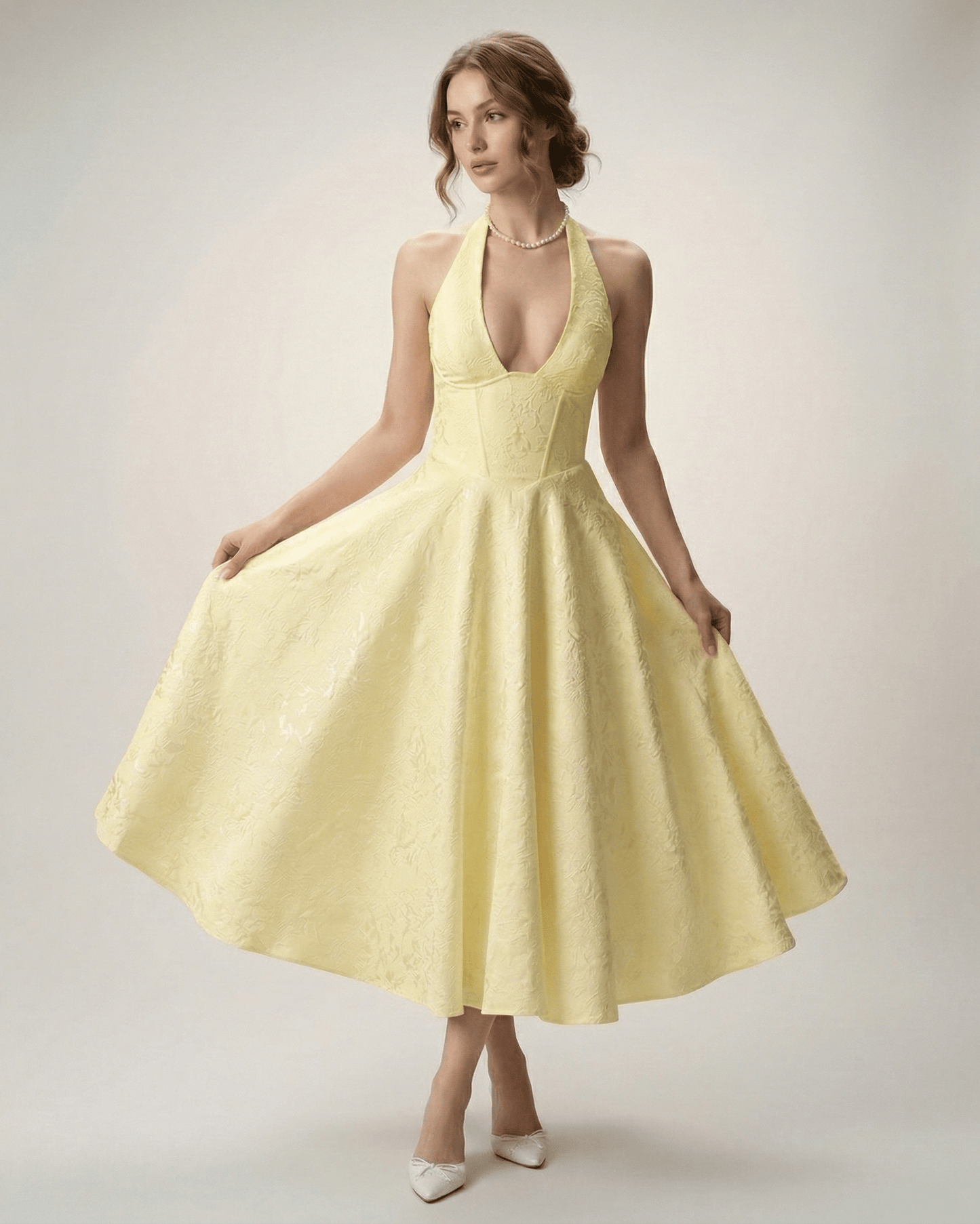 Elara Midi Dress - Elegant midi dress with halter neckline, structured fit, A-line silhouette, by Lauven, for timeless sophistication.