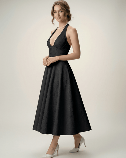 Elara Midi Dress by Lauven – Elegant midi dress with halter neckline, A-line silhouette, creating a sophisticated look.