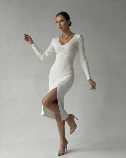 Elara Midi Dress by Lauven - Elegant ribbed knit V-neck pencil dress in white with a side slit.