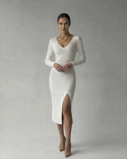 Elara Midi Dress by Lauven - Elegant ribbed knit V-neck white pencil dress with thigh slit.