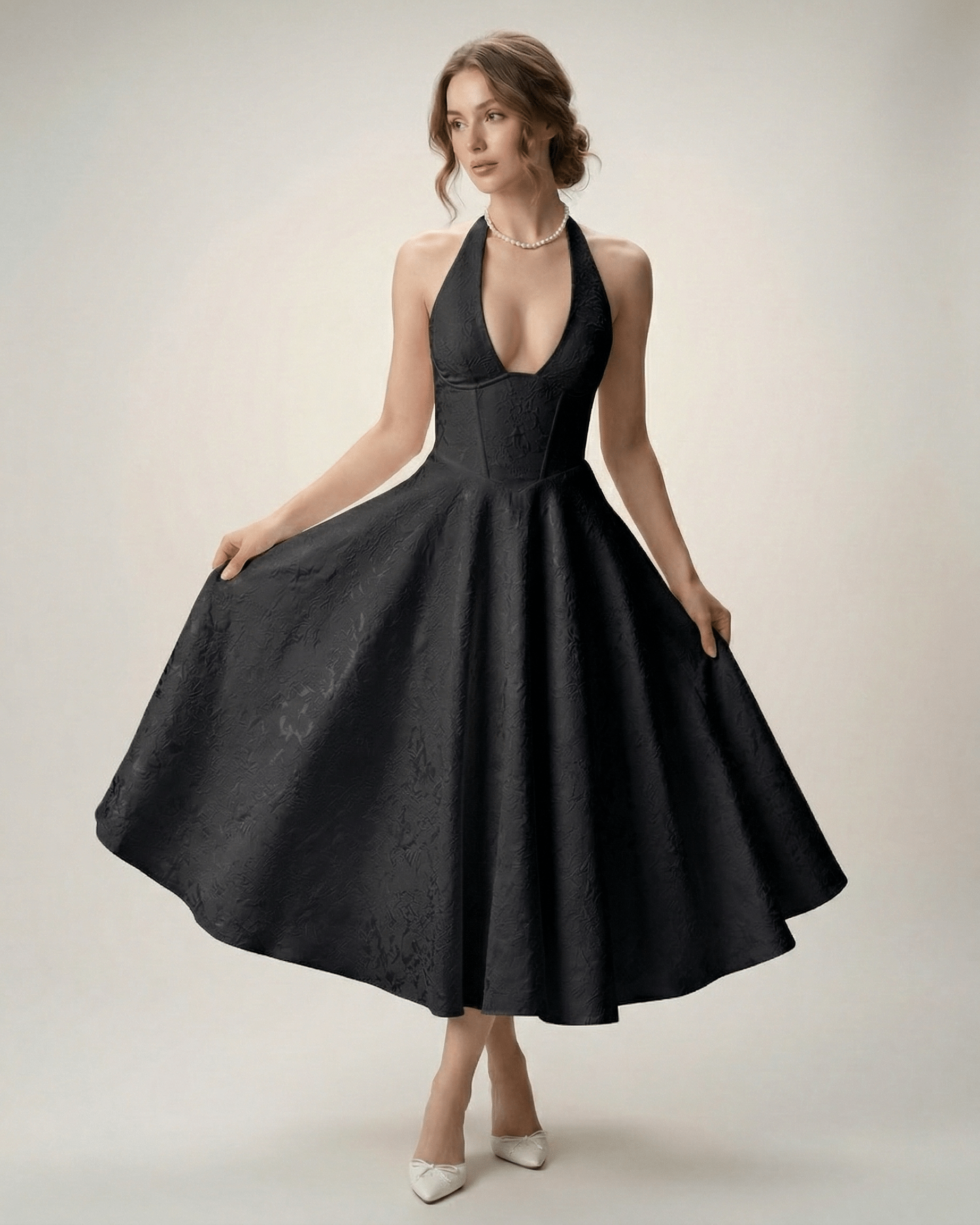 Elara Midi Dress by Lauven - Elegant midi dress with halter neckline and A-line silhouette, perfect for sophisticated occasions.