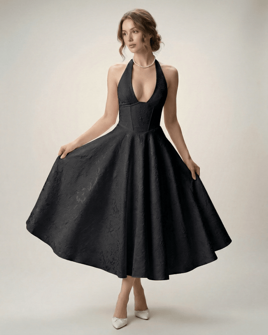 Elara Midi Dress by Lauven - Elegant midi dress with halter neckline and A-line silhouette, perfect for sophisticated occasions.