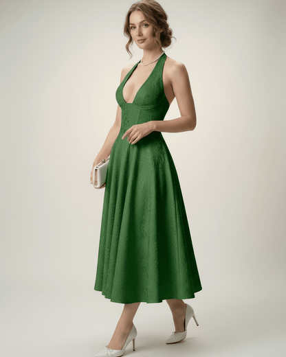 Elara Midi Dress in green, elegant halter A-line silhouette for a sophisticated look, by Lauven.