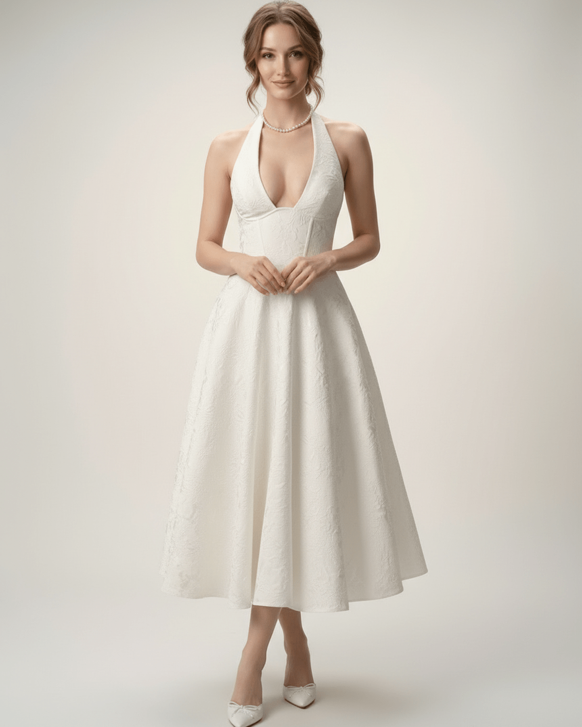 Elara Midi Dress - Elegant midi dress with halter neckline, structured A-line silhouette by Lauven, perfect for special occasions.