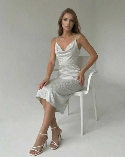 Elara Midi Dress by Lauven, satin-effect spaghetti strap dress for elegant evenings.