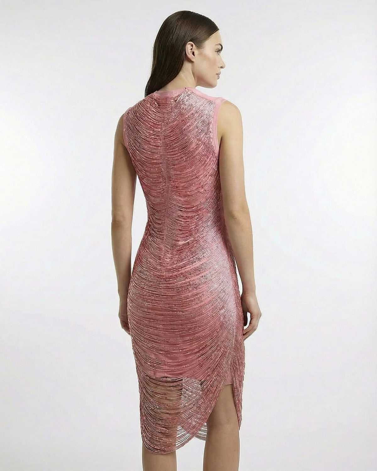 Elara Midi Dress by Lauven showcasing a sleek, sleeveless design with a tassel-textured finish and elegant movement.