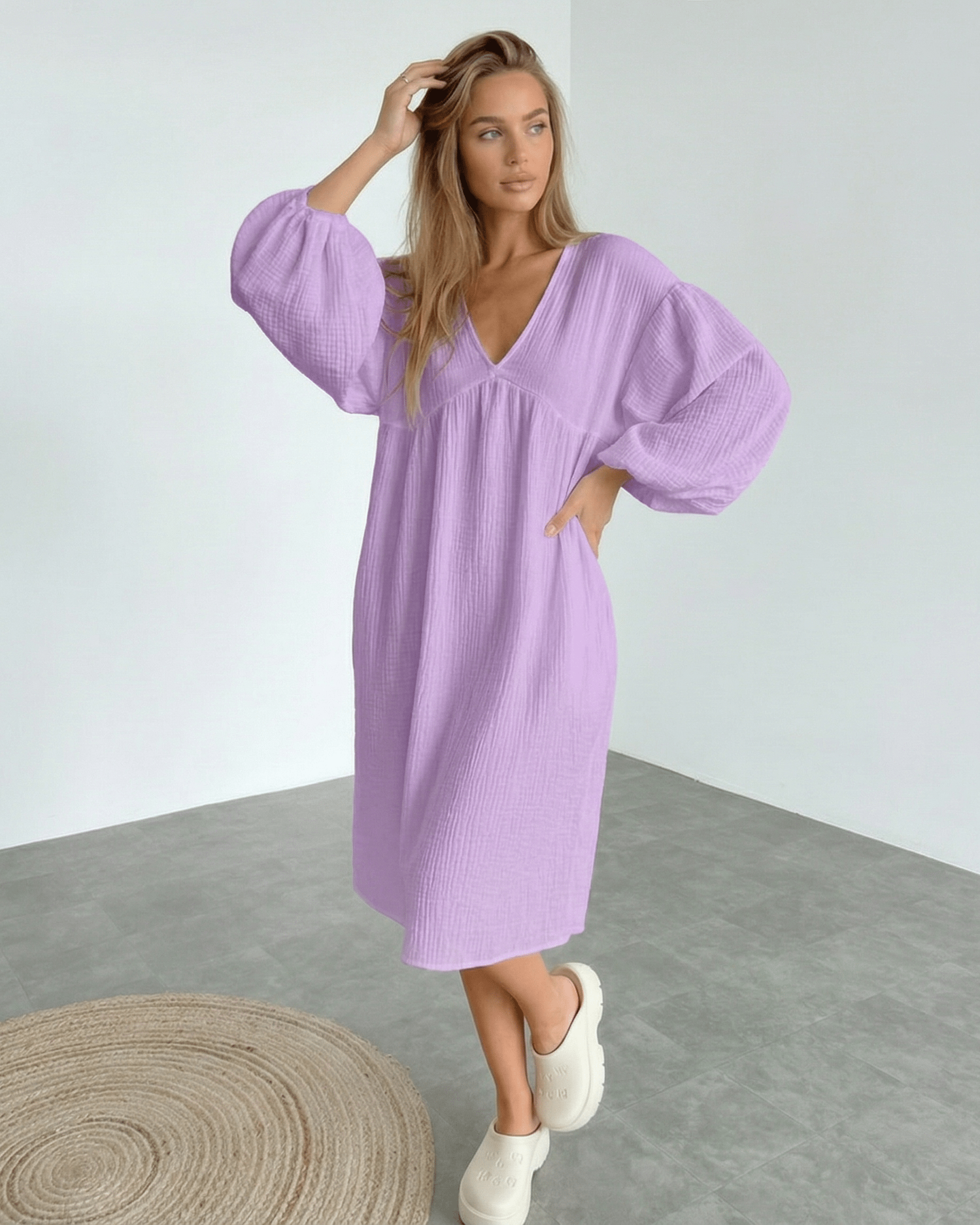 Elara Midi Dress in lavender cotton, featuring puff sleeves and a flattering design, by Lauven for effortless elegance.