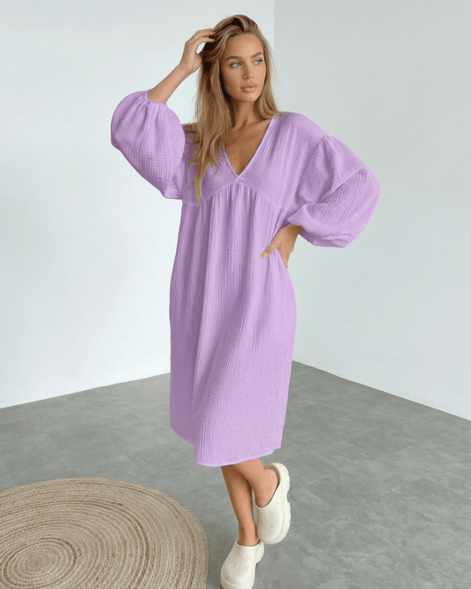 Elara Midi Dress in lavender cotton, featuring puff sleeves and a flattering design, by Lauven for effortless elegance.