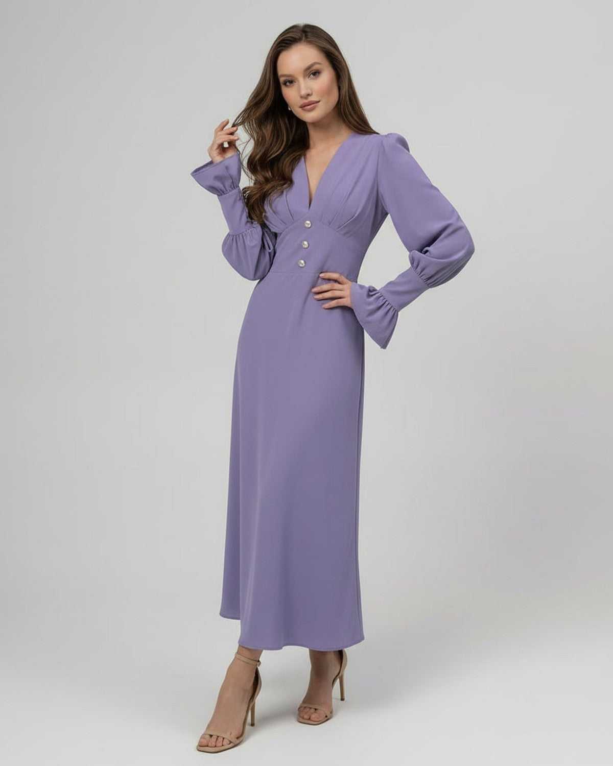 Elara Midi Dress - Lavender Dress, Long Sleeve, A-Line, elegant V-neck, Lauven brand, perfect for special events.