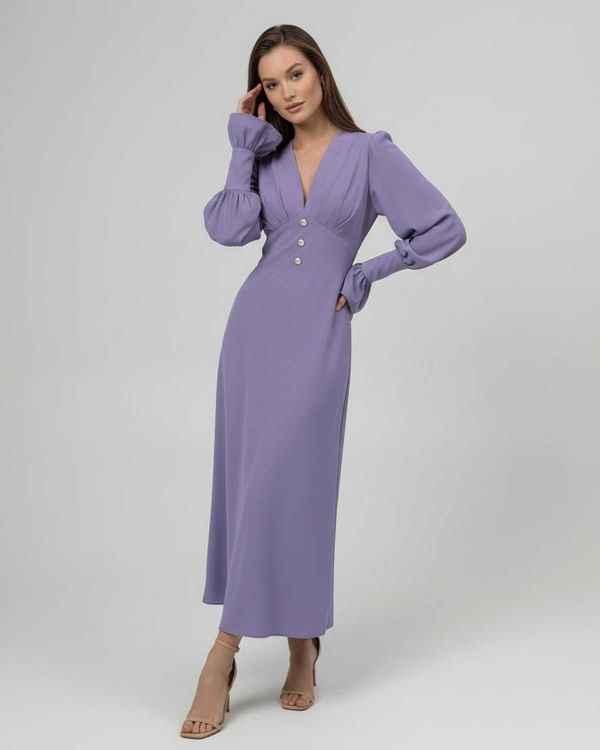 Elara Midi Dress in soft lavender, long sleeve, A-line silhouette, refined high waist, from Lauven, perfect for elegant occasions.