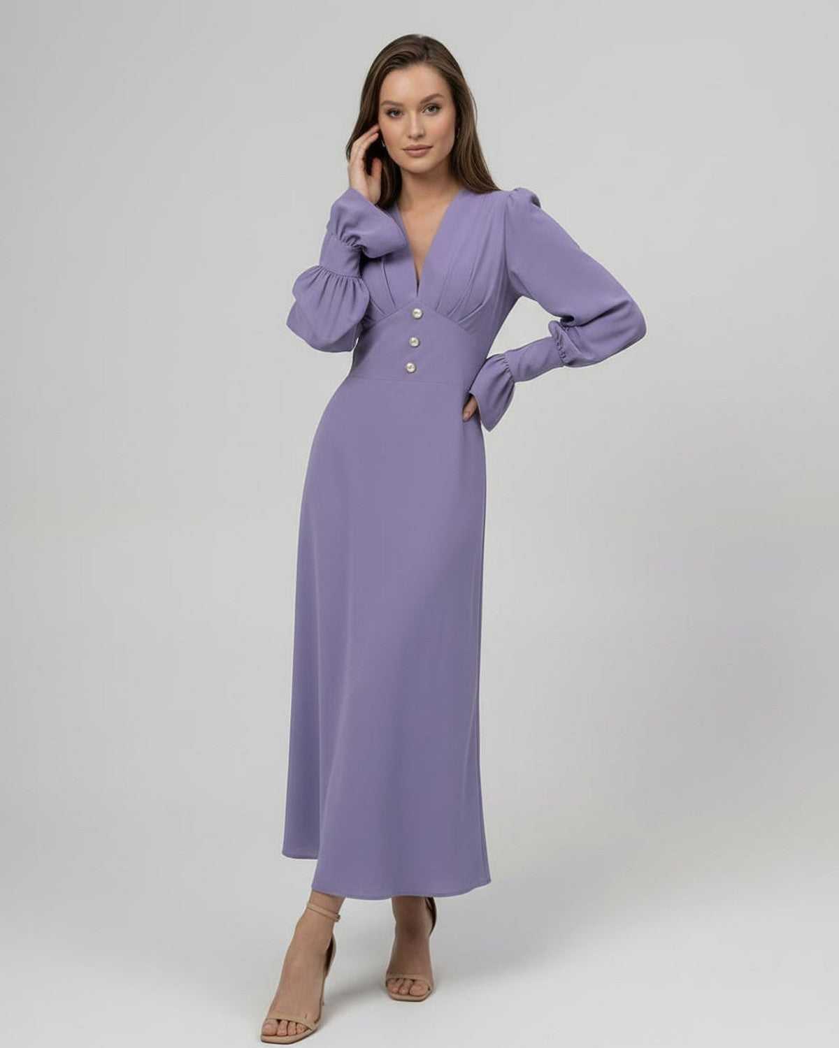 Elara Midi Dress in lavender, long sleeve with buttons, A-line silhouette by Lauven for elegant day-to-night wear.