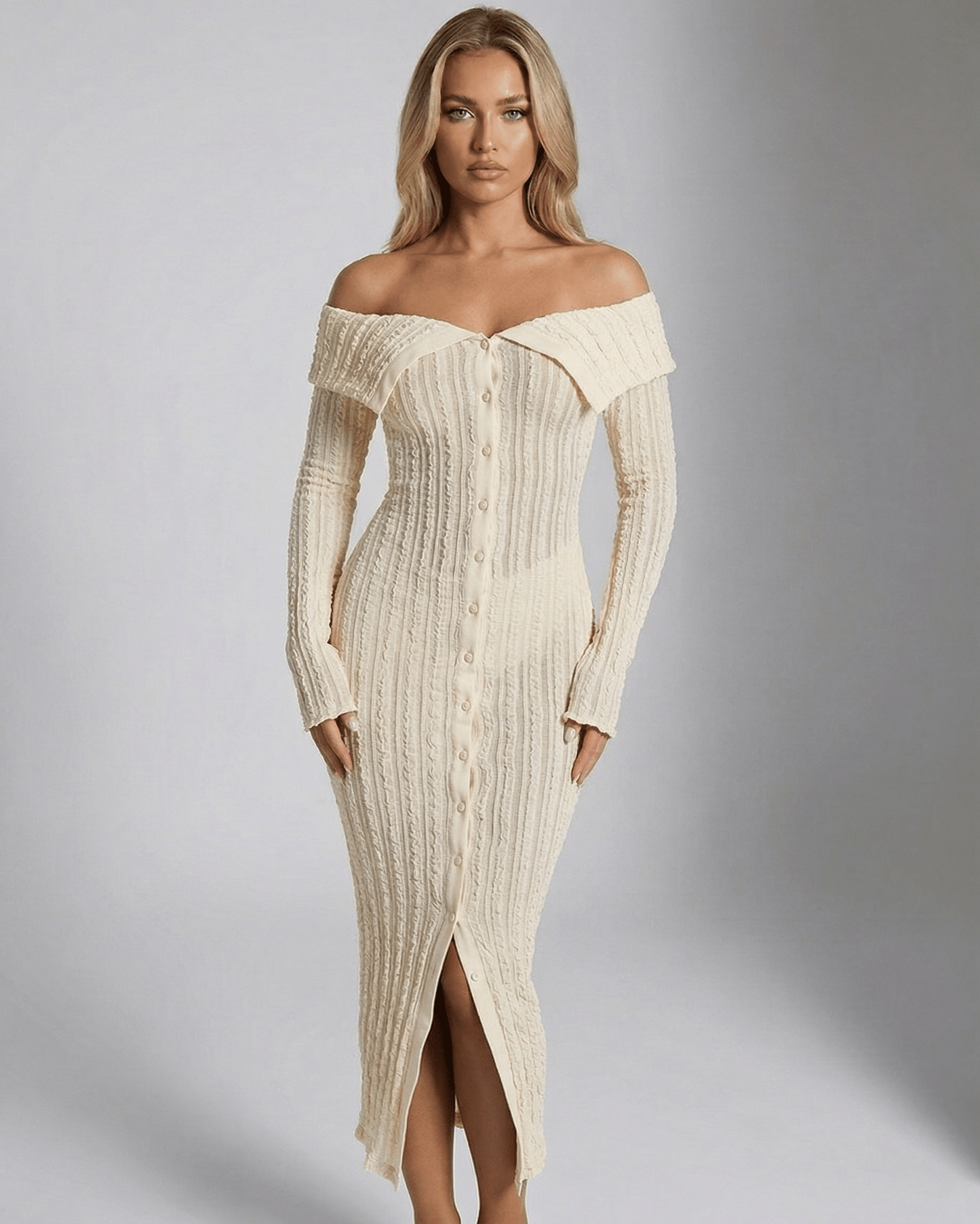 Elara Midi Dress - White Off Shoulder Long Sleeve Bodycon Dress by Lauven, showcasing modern femininity and elegance.