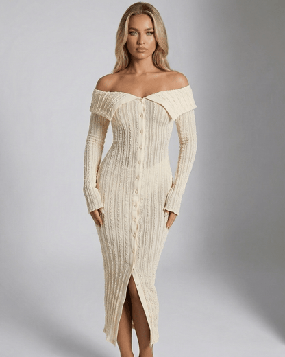 Elara Midi Dress - White Off Shoulder Long Sleeve Bodycon Dress by Lauven, showcasing modern femininity and elegance.