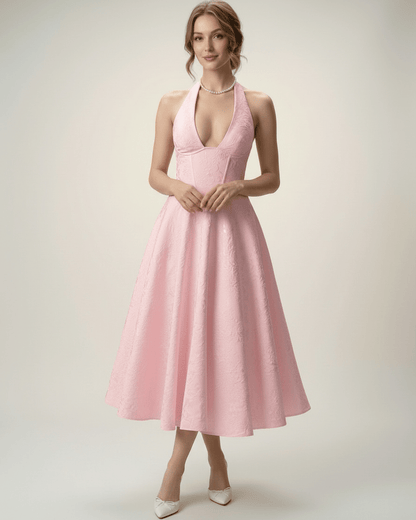 Elara Midi Dress – Elegant pink A-line silhouette with halter neckline from Lauven, perfect for sophisticated occasions.