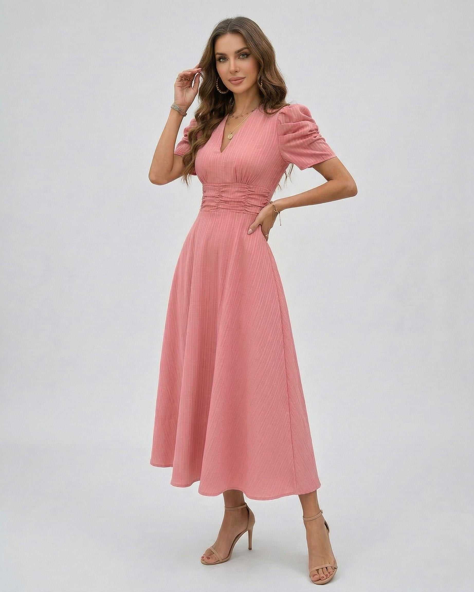 Elara Midi Dress in soft pink with puffed sleeves and V-neckline, perfect for weddings and elegant occasions by Lauven.