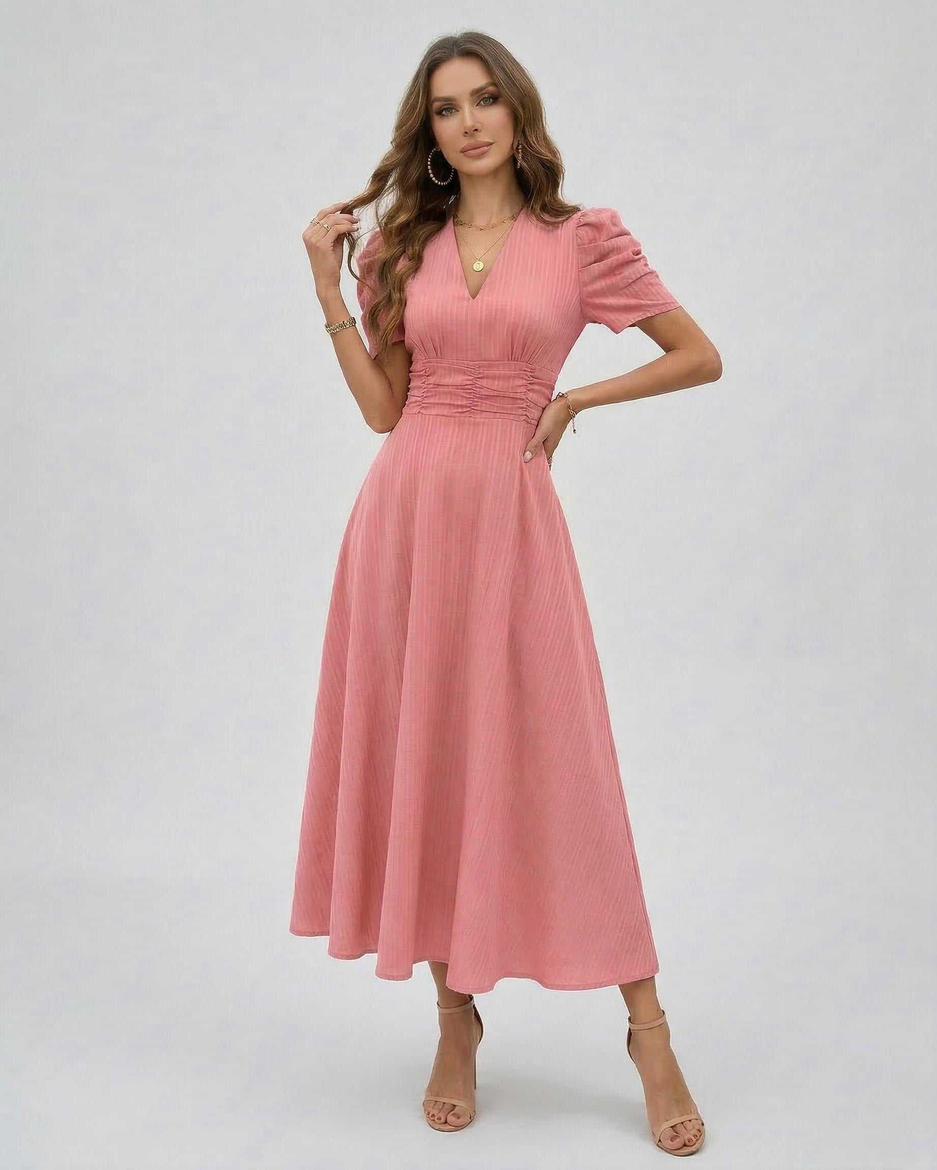 Elara Midi Dress featuring soft pink hue, flattering V-neckline, and puffed sleeves by Lauven for elegant occasions.